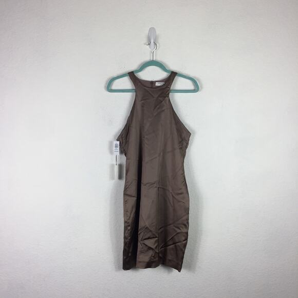 Aritzia Babaton Satin Mini Dress 10 Pressure 90s Taupe High Shine Racer Back - Picture 3 of 16
